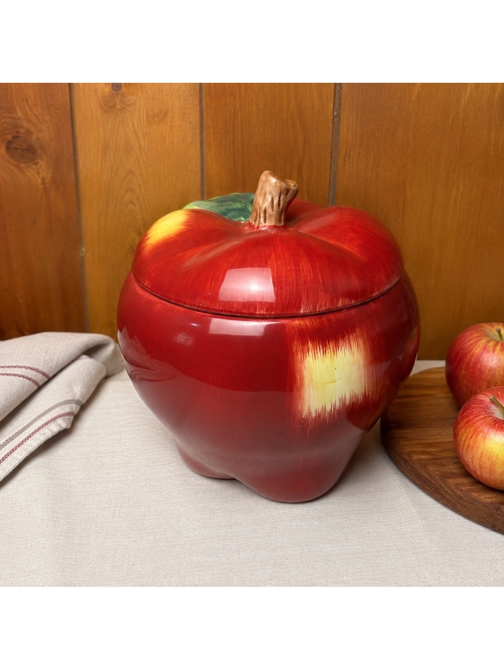Large Apple Shaped Ceramic Canister Home Accents Red Lidded Kitchen Storage 9”